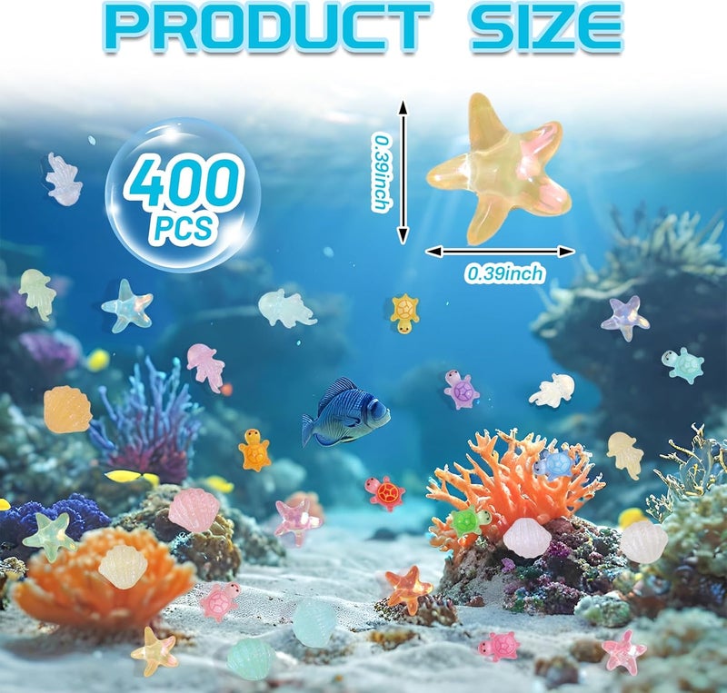 Yonseng 400pcs Luminous Mini Ocean Resin Animals Starfish Jellyfish Seashell Mini Turtles Set Resin Animals Tiny Sea Models for Dollhouse Miniatures DIY Fish Tank Fairy Garden Micro Landscaping - Image 2